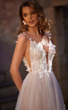 A Line V neck Tulle Wedding Dress Sexy Beach Gown With Court Train And Lace Appliques
