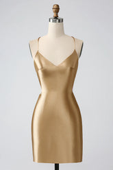 Golden Bodycon Spaghetti Straps Lace up Back Short Homecoming Dress