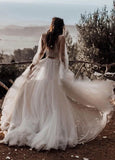 Two Piece Boho Dreamy A Line Tulle V Neck Wedding Dresses Full Sleeve