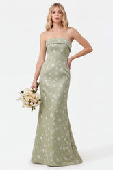 Strapless Mermaid Sage Floral Jacquard Bridesmaid Dress