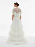 High Split A Line See through Short Sleeves Ruffle Tulle Wedding Dresses