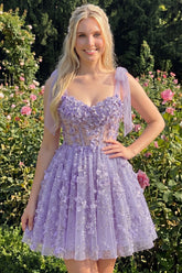Lilac Sequin A Line Corset Short Homecoming Dress with 3D Flowers
