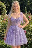 Lilac Sequin A Line Corset Short Homecoming Dress with 3D Flowers