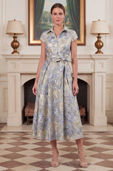 Dusty Blue A Line Floral Jacquard Midi Mother of the Bride Dress with Short Sleeves