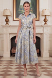 Dusty Blue A Line Floral Jacquard Midi Mother of the Bride Dress with Short Sleeves
