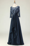 Navy Scoop Neck Appliqued A Line Long Chiffon Dress with 3 4 Sleeves