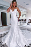 White Mermaid Long Satin Wedding Dress with Appliqued