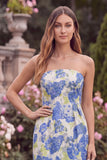 Blue Floral Pencil Strapless Midi Wedding Guest Dress