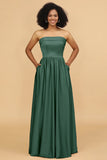 A Line Strapless Satin Floor Length Bridesmaid Dress with Pockets