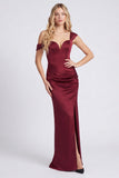 Off the Shoulder Mermaid Satin Burgundy Bridesmaid Dress with Slit