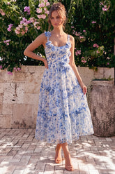 Blue Floral Square Neck A Line Midi Wedding Guest Dress with 3D Flowers