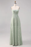 Sage Green A Line Spaghetti Straps Floral Burnout Bridesmaid Dress