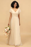 V Neck Cape Long Floor Length Chiffon Bridesmaid Dress
