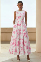 Floral White A Line Midi Wedding Guest Dress with Pockets
