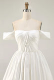 White Satin A Line Off The Shoulder Ruched Short Homecoming Dress