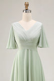 Sage Green A Line Chiffon Pleated High Low Bridesmaid Dress with Short Sleeves