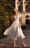 Tea Length Sleeves Ethereal Modern A Line V Neck Button Back Wedding Dress