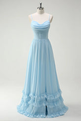 Sky Blue A Line Cowl Neck Corset Floor Length Bridesmaid Dress with Ruffle Slit