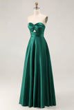 Sage Green A Line Strapless Satin Long Bridesmaid Dress with Lace Up Back