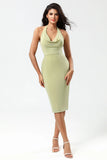 Dusty Sage Bodycon Halter Tea Length Cocktail Dress With Slit