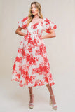 COTTAGE GARDEN PUFF SLEEVE MIDI DRESS RED