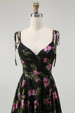Black Pink Floral Tiered Chiffon Long Bridesmaid Dress with Adjustable Straps
