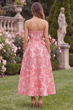 Strapless A Line Pink Floral Jacquard Wedding Guest Dress with Pockets