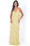 Remi Yellow Maxi Dress Halter Neck Open Back Ruffle Detail