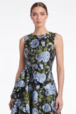 Floral A Line Blue Jacquard Round Neck Midi Mother of the Bride Dress