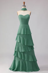 Eucalyptus Sweetheart A Line Tiered Ruffled Long Bridesmaid Dress with Streamer
