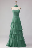 Eucalyptus Sweetheart A Line Tiered Ruffled Long Bridesmaid Dress with Streamer
