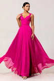 Fuchsia A Line Open Back Convertible Chiffon Long Bridesmaid Dress with Slit