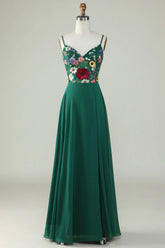 Dark Green A Line Spaghetti Straps Floor Length Dress with 3D Flowers