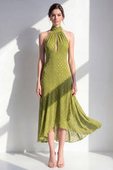 Halter A Line Olive Midi Wedding Guest Dress