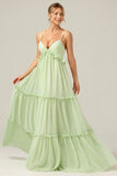A Line Spaghetti Straps Backless Long Green Bridesmaid Dress With Ruffles