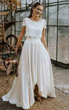 Vintage Boho Two Piece Bateau Satin and Lace Short Sleeve Wedding Dress with Pleats and Sweep Train