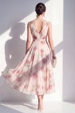 Blush Floral A Line V Neck Midi Wedding Guest Dress