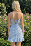 Light Blue Strapless Bodycon Beaded Short Homecoming Dress with 3D Flowers