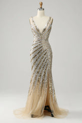 Sparkly Golden Mermaid Deep V Neck Long Prom Dress with Silt