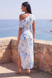 One Shoulder Blue Flower Wedding Guest Dress with Slit