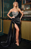 CHANDRA GOWN SATIN DRESS WITH BEADED BODICE HIP SASH