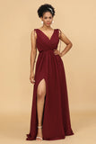 A Line Ruched V Neck Sleeveless Chiffon Bridesmaid Dress with Slit