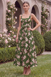Green Printed Flower A Line Square Neck Wedding Guest Dress with Bow