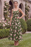 Green Printed Flower A Line Square Neck Wedding Guest Dress with Bow
