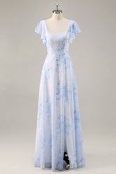 Blue Flower A Line Square Neck Long Bridesmaid Dress with Slit