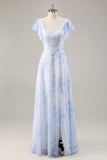 Blue Flower A Line Square Neck Long Bridesmaid Dress with Slit