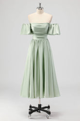 Sage Green A Line Off The Shoulder Ruched Satin Midi Dress