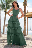 Eucalyptus A Line Spaghetti Straps Tiered Chiffon Long Bridesmaid Dress