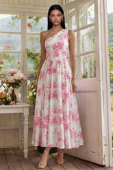 One Shoulder White A Line Floral Wedding Guest Dress