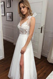A Line V Neck Straps Tulle Split Wedding Dress Bridal Gown with Lace